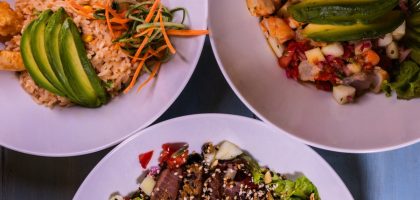 Three flavorful dishes featuring seafood and avocado, plated creatively for a delightful meal.